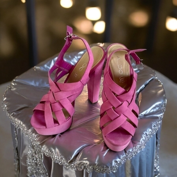 ALDO Pumps Pink Suede Leather Stiletto Heel Shoes. Women’s Peep Toe Sandals - Picture 3 of 8